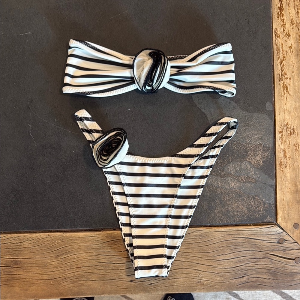 Rosette Bandeau Top & Bottom - Black & Cream Stripe
